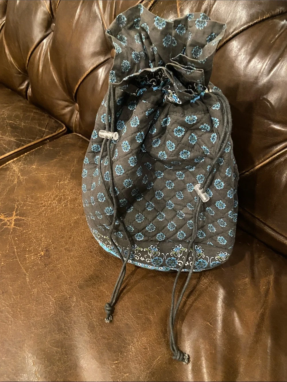 Quilted Drawstring Hobo Bag in Brown and Blue